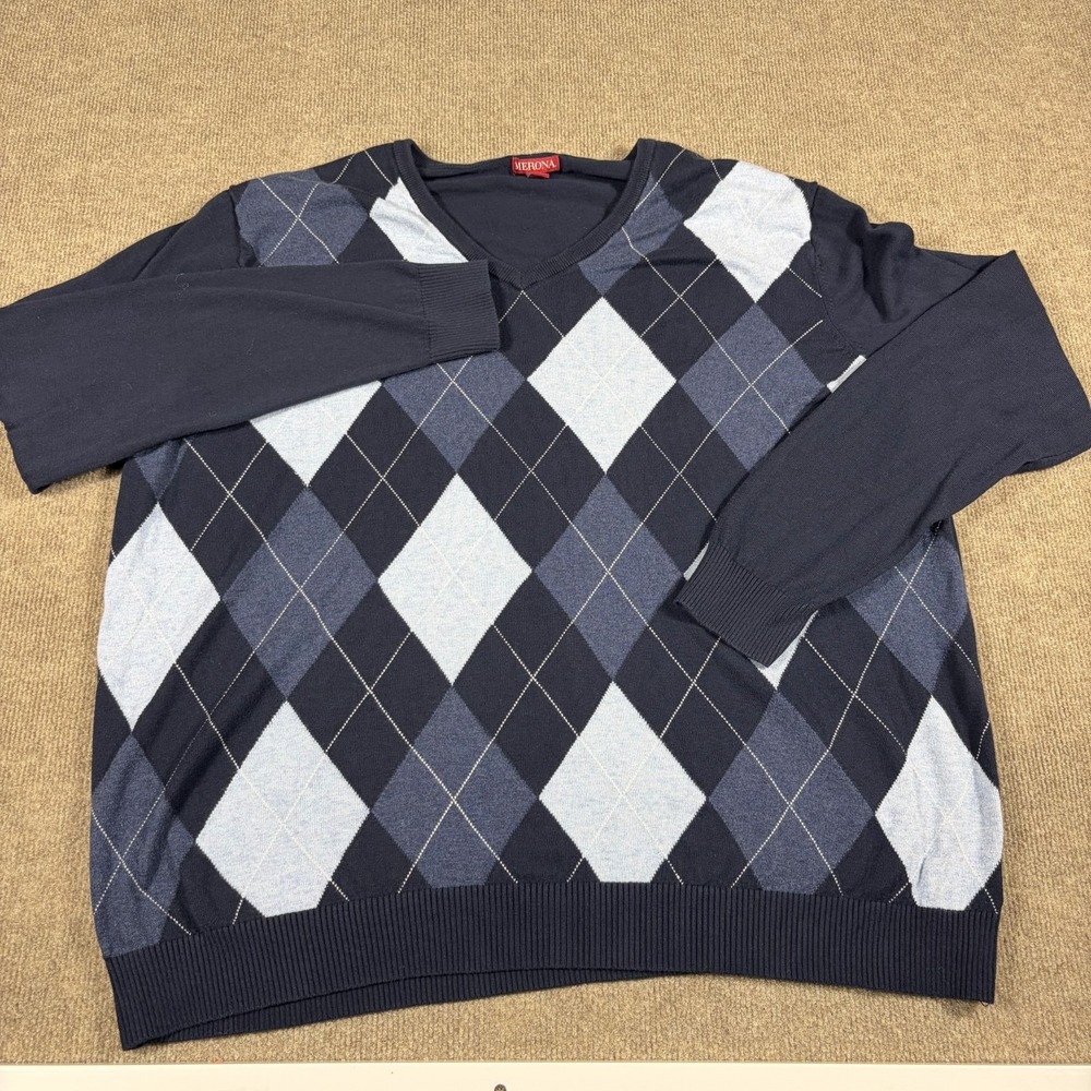 Merona Sweater Mens 2XL Navy Blue Gray Argyle Print Tight Knit Cotton V Neck